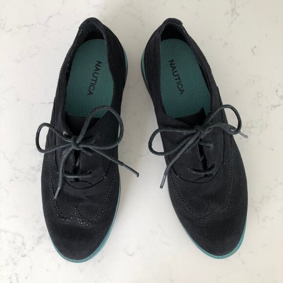 Nautica Casual Lace Up Faux Suede Oxford Style Shoes Black w Blue Trim Sz 10 - Picture 4 of 9